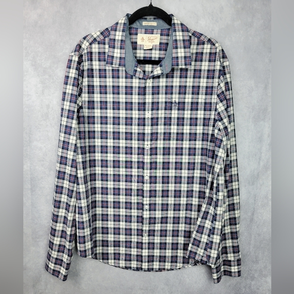 Original Penguin Men’s Blue‎ White Red Crosshatch Button Down Heritage Slim Fit